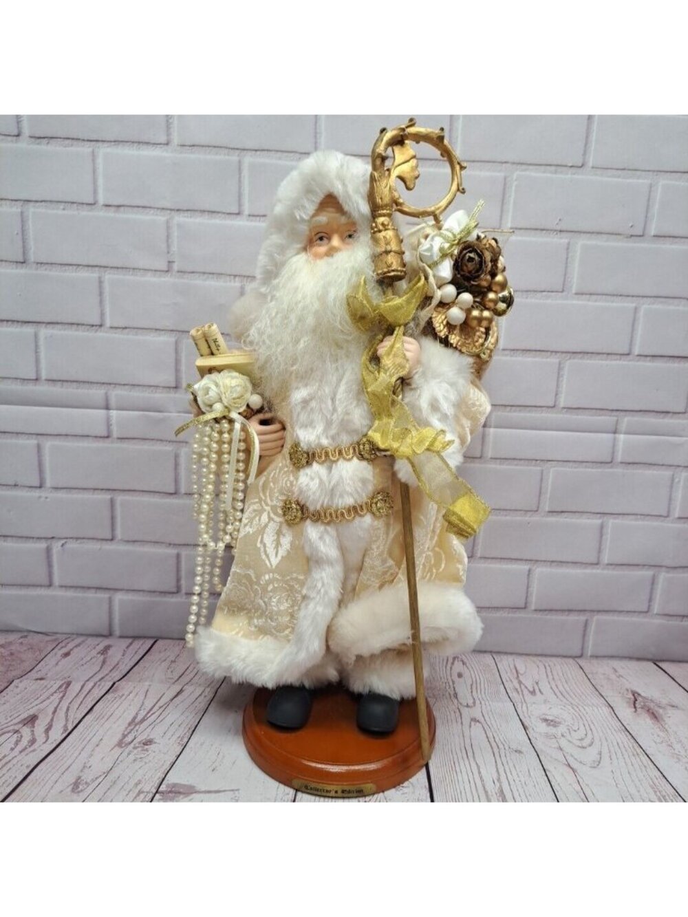 Victorian Christmas Santa Mantel Table Top Figurine Fur Trim Elegant Details 17”